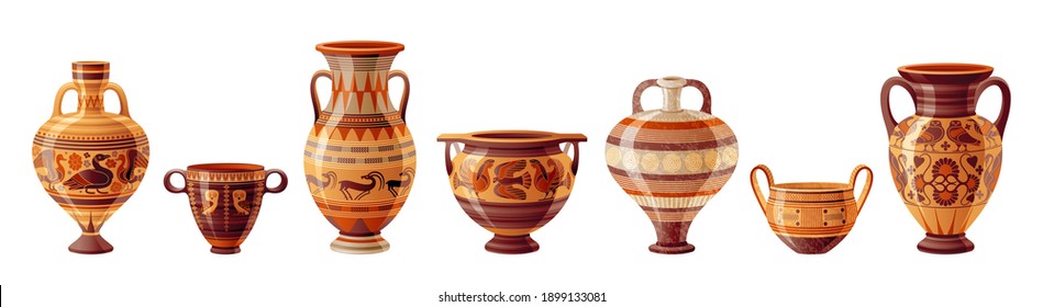 Ancient Greek vase set. Pottery vector. Antique jug from Greece. Old clay amphora, pot, urn or jar for wine, olive oil. vintage ceramic icon isolated. Flat cartoon art with geometric floral decoration