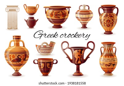 Altes griechisches Vasesatz. Keramik-Vektorgrafik. Antiquitätenkrug aus Griechenland. Alte Tonamphora, Topf, Brand, Glas für Wein, Olivenöl, Tasse, Säule. Vintage-Keramik-Symbol einzeln. Flache Cartoon-Kunst, Zierdekoration