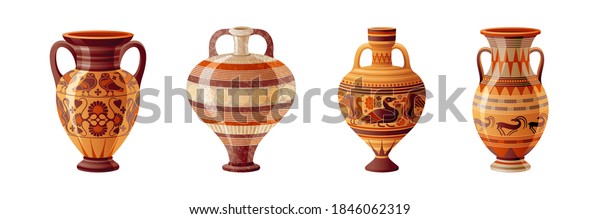 Ancient Greek vase set. Pottery vector. Antique jug from Greece. Old clay amphora, pot, urn or jar for wine and olive oil. vintage ceramic icon isolated. Flat cartoon art with ornament decoration