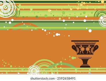 Ancient greek vase showing warriors fighting on a modern abstract background with green and orange stripes and circles. Hand drawn illustration