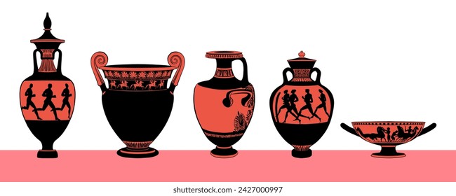 Ancient Greek vases. Antique ceramic art. Vector illustration. The art of ancient Greece.