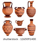 Ancient greek vases. Ancient decorative pots isolated on white background, old antique clay greece pottery ceramic bowls vector illustration.