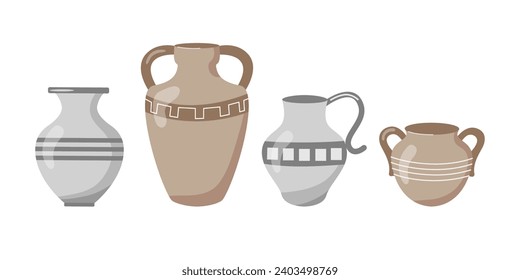 Ancient Greek Vases and Jars Set isolated. Ceramic Vases Collection. Cartoon Vector Illustration. Antique Style Pottery Clay Simple Jars