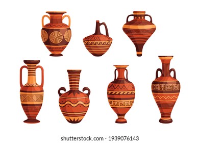 古代ギリシャの花瓶と壺セット。 装飾的な装飾的なギリシャのアンファレ、ジャグ、ウニ、オイルジャー、陶芸品のデザイン。 平らなベクターイラスト。 伝統的な古いギリシアの陶器のコンセプト