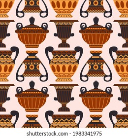 Ancient Greek vases seamless pattern vector illustration. Old amphora texture design. Antique decorative jug background. Historical vintage wrapping.