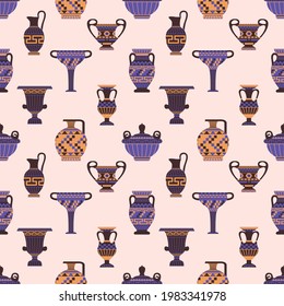 Ancient Greek vases seamless pattern vector illustration. Old amphora texture design. Antique decorative jug background. Historical vintage wrapping.