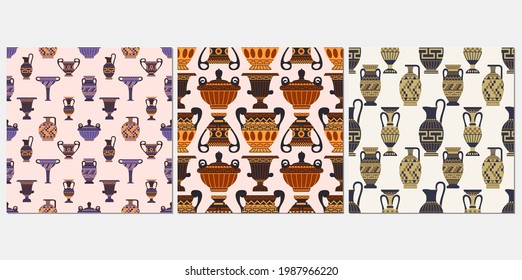 Ancient Greek vases seamless pattern vector illustration. Old amphora texture design. Antique decorative jug background. Historical vintage wrapping.