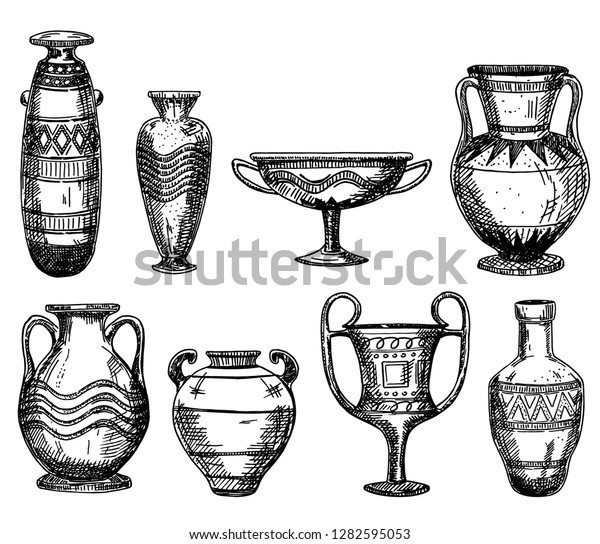 Ancient Greek Vases Sketch Ancient Decorative Stock Vector