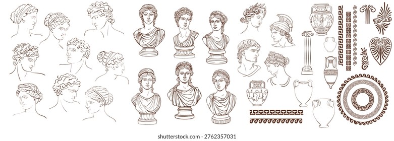 Ancient Greek vector collection with sculpture busts, Greek ornaments, meander borders and amphora vases. Engraving style illustration inspired by classical antiquity, mythology and ancient Greece art. Design elements for decoration, packaging, poster, tattoo and branding