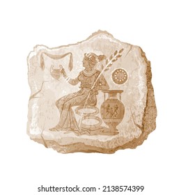 Ancient Greek vector. Greece goddess Demeter. Woman mythology drawing. Antique myth painting. Art icon illustration. Old historic background. Broken fragment of ancient greek pottery. Greece pattern