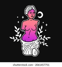 Ancient Greek Venus Gradient Statue T-shirt Print. Vector Hand Drawn Doodle Line Cartoon Character Illustration. Venera, Venus Greek, Smile Greece Statue Print For T-shirt, Poster, Card Concept