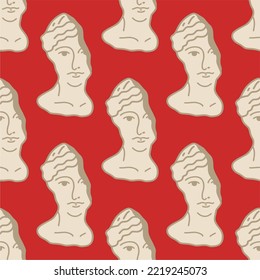 Ancient Greek Venus, Seamless Pattern. Greek Venus, Greek Statue Prints Seamless Pattern Concept. Flat Design, Cartoon, Vector Illustration, Red Background.