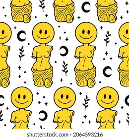 Ancient Greek Venus Statue With Smile Emoji Face Seamless Pattern. Vector Hand Drawn Doodle Line Cartoon Character Illustration. Venera, Venus Greek, Smile Statue Print Seamless Pattern Concept