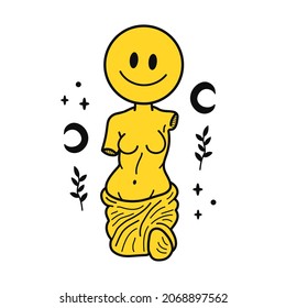 Ancient Greek Venus Statue With Smile Face T-shirt Print. Vector Hand Drawn Doodle Line Cartoon Character Illustration. Venera, Venus Greek, Smile Greece Statue Print For T-shirt, Poster, Card Concept