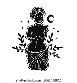 Ancient Greek Venus Statue T-shirt Print. Vector Hand Drawn Doodle Line Cartoon Character Logo Illustration. Venera, Venus Greek, Smile Greece Statue Print For T-shirt, Poster, Card, Logo Concept