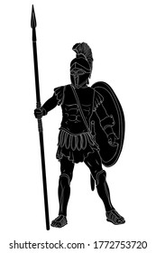 Ancient greek warrior in armor and a helmet with a weapon in hand stands ready for attack and defense isolated on white background.