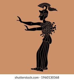 Ancient Greek warrior goddess Athena with raised arms in a helmet. Monochrome silhouette. Vase painting style.