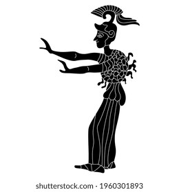 Ancient Greek warrior goddess Athena with raised arms in a helmet. Black and white silhouette. Vase painting style.
