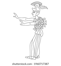Ancient Greek warrior goddess Athena with raised arms in a helmet. Black and white linear silhouette. Vase painting style.