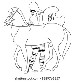 Ancient Greek warrior in Scythian costume and a horse. Vase painting art. Black and white linear silhouette.