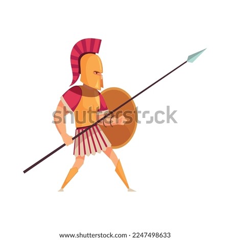 Ancient greek warrior with shield and spear flat vector illustration