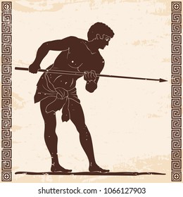 Ancient Greek warrior with a spear in his hands is preparing for battle. Old beige paper with national ornament and the aging effect.