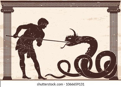 Ancient Greek warrior with a spear in his hands kills a big snake. Old beige paper with national ornament and the aging effect.