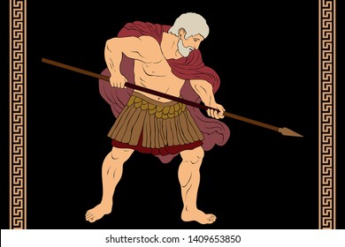 Ancient Greek warrior with a spear in his hands is ready to attack. Vector illustration isolated on black background.