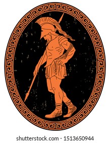 Ancient Greek warrior with a spear in his hand is leaves the battlefield. Oval medallion isolated on white background.