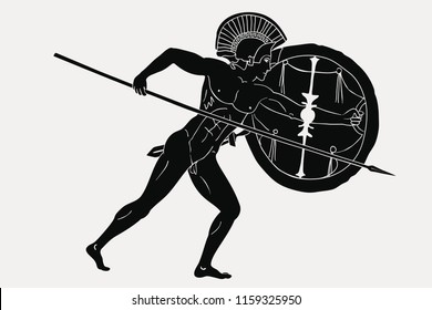 Ancient Greek warrior with a spear and shield in his hands isolated on a white background.