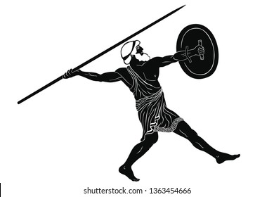 Ancient Greek warrior and spear   shield in his hands is ready to attack  Vector illustration isolated white background 