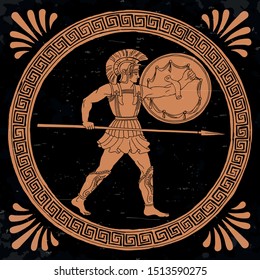 Ancient Greek warrior with a spear and shield in his hands is ready to attack.