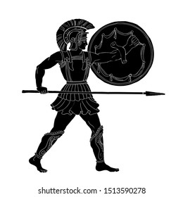 Ancient Greek warrior with a spear and shield in his hands is ready to attack. Vector illustration isolated on white background.