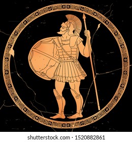 Ancient Greek warrior with a spear and shield in his hands is ready to attack.