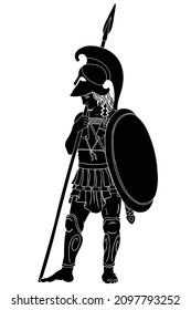 Ancient Greek warrior with a spears and shields in their hands. Figure isolated on white background.