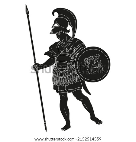 Ancient Greek warrior with a spears and shields in their hands. Figure isolated on white background.
