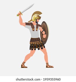 Ancient Greek warrior with a sword in an attacking pose. Vector illustration isolated on white background