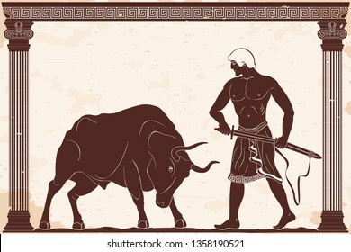 Ancient Greek warrior with a sword in his hands is ready to attack and a big bull with horns between two columns. Vector illustration isolated on beige background.