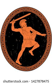 Ancient Greek warrior with a sword in his hands is ready to attack. Vector illustration isolated on white background.