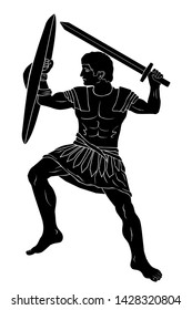 Ancient Greek warrior with a sword and shield in his hands is ready to attack. Vector illustration isolated on white background.