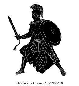 Ancient Greek warrior with a sword and a shield in his hands in battle. Human figure isolated on a white background.