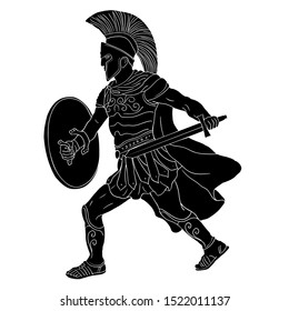 Ancient Greek warrior with a sword and a shield in his hands in battle. Human figure isolated on a white background.