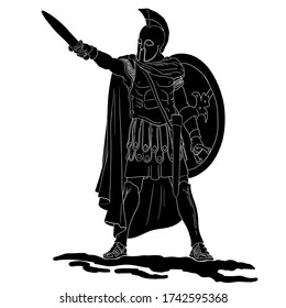 Ancient Greek warrior and sword   shield in his hands is ready to attack  Vector illustration isolated white background 