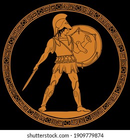 Der alte griechische Krieger mit einem Schwert und Schild in seinen Händen steht bereit zum Angriff. Zeichnung auf dem Boden eines Keramiktopfes.