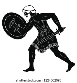 Ancient Greek warrior with a weapon isolated on a white background. The gladiator with a sword and a shield in his hand.