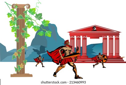 Ancient greek warriors and temple and mountains in backgrounds