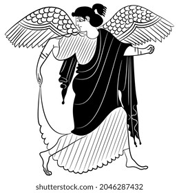 Ancient Greek winged goddess Nike. Vase painting style. Antique angel. Black and white silhouette.