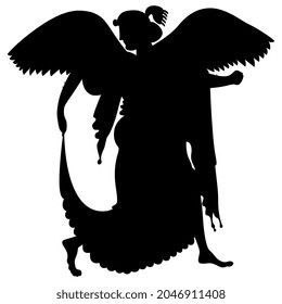 Ancient Greek winged goddess Nike. Vase painting style. Antique angel. Black silhouette on white background.