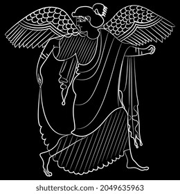 Ancient Greek winged goddess Nike. Vase painting style. Antique angel. Linear white silhouette on black background.