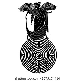 Ancient Greek winged goddess on top of a round spiral maze or labyrinth symbol. Ariadne. Creative concept for mysteries of antique culture. Black and white silhouette.